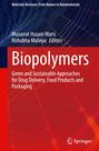 Text: "Biopolymers: Green and Sustainable Approaches for Drug Delivery, Food Products and Packaging". Rote und blaue Linien.