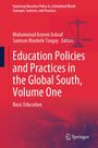 "Education Policies and Practices in the Global South, Volume One" in Weiß auf rotem Hintergrund, Waage-Illustration.