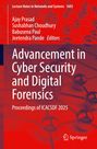 "Advancement in Cyber Security and Digital Forensics" vor rotem Hintergrund mit metallischen Kugeln.