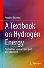 Text: "Pratibha Sharma, A Textbook on Hydrogen Energy, Production, Storage, Transport and Utilization." Buntes, verschwommenes Hintergrundmuster.