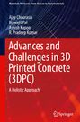 Titel: "Advances and Challenges in 3D Printed Concrete (3DPC)". Autoren: Ajay Chourasia, Biswajit Pal, Ashish Kapoor, R. Pradeep Kumar. Hintergrund: dynamische, überlappende Linien auf rotem und dunkelblauem Hintergrund. Markante Farben und ein modernes Design.