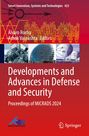 "Developments and Advances in Defense and Security" steht auf einem rot-gelbem Hintergrund, mit technischen Bildern oben.