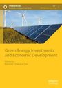 "Green Energy Investments and Economic Development" auf gelbem Hintergrund. Solarpanels und Windräder in einer Wiese.