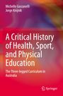 Text: "Michelle Gorzanelli, Jorge Knijnik, A Critical History of Health, Sport, and Physical Education, The Three-legged Curriculum in Australia". Abstrakter, bunter Hintergrund mit einem Logo unten rechts.