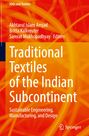 Text: "Traditional Textiles of the Indian Subcontinent." Bunter, abstrakter Hintergrund mit leuchtenden, geschwungenen Linien.
