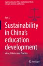 "Sustainability in China's education development" auf rotem Hintergrund, rechts eine Waage und am unteren Rand die Chinesische Mauer.
