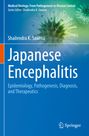 "Japanese Encephalitis: Epidemiology, Pathogenesis, Diagnosis, and Therapeutics." Grüne Virusillustrationen auf blauem Hintergrund.