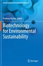 „Biotechnology for Environmental Sustainability“, Herausgeber: Pradeep Verma. Abstrakte blaue Molekül-Formen. Springer-Logo.