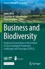 Text enthält Titel "Business and Biodiversity", Autoren, Herausgeber. Im Hintergrund grüne Terrassenfelder und Wald.