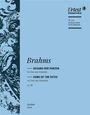 Text: "Brahms, Gesang der Parzen, Song of the Fates, op. 89." Links florale Verzierungen und Figuren in monochromem Blau.