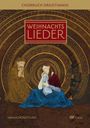 "Weihnachtslieder: Chorbuch dreistimmig. Illustration einer Mutter mit Kind und einem Mann vor kreisförmigen Mustern."