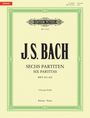 "J.S. BACH SECHS PARTITEN BWV 825–830" steht auf hellgelbem Hintergrund mit grünem Ornamentrand.