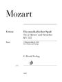 Text: "Mozart, Ein musikalischer Spaß für 2 Hörner und Streicher KV 522, G. Henle Verlag." Schwarzer Text auf weißem Hintergrund.
