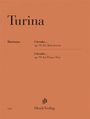 „Turina“, „Horizons“, „Círculo… op. 91 für Klaviertrio/Piano Trio“, „Henle Verlag“; oranger Hintergrund, Verlagslogo.