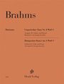 "Brahms", "Horizons", "Ungarischer Tanz Nr. 4 WoO 1", "Henle Verlag". Orangefarbener Hintergrund, schlichtes Design.