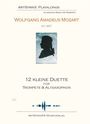 Text: ArtSyrinX Playalongs, Wolfgang Amadeus Mozart KV 487, 12 kleine Duette für Trompete & Altsaxophon. Silhouette von Mozart.