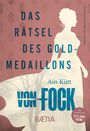 „Das Rätsel des Goldmedaillons“ von Ain Kütt, eine Frauensilhouette vor einem baumgesprenkelten Hintergrund.