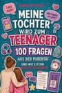 "Meine Tochter wird zum Teenager. 100 Fragen aus der Pubertät." Bunte Icons, Herzen, Fragezeichen. Mutter und Tochter umarmen sich.