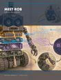 Text: "MEET ROB. A robot is a team of systems." Illustration zeigt einen Roboter mit Zahnrädern und Drähten.