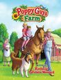 "Poppy Guy's Farm" und "Written by Rochelle LaFollette Woodard" in bunten Buchstaben, darüber ein Holzschild.