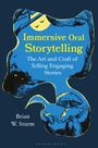 „Immersive Oral Storytelling“ in Gelb, darunter „The Art and Craft of Telling Engaging Stories“. Illustration: Mond, Bäume, Pilze.