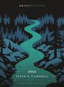 „OBJECT LESSONS“, „river“, „PETER B. CAMPBELL“, „BLOOMSBURY“. Illustration eines gewundenen Flusses durch einen Wald.