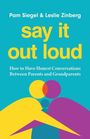 "say it out loud" in gelber Schrift auf blauem Hintergrund, darunter bunte, abstrakte Umarmung.