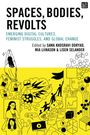 "Spaces, Bodies, Revolts" in Schwarz; "Emerging Digital Cultures, Feminist Struggles, and Global Change" in Blau; Illustration mit Symbolen.