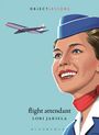 "OBJECT LESSONS", "flight attendant", "LORI JAKIELA". Eine lächelnde Flugbegleiterin, Flugzeug im Hintergrund.