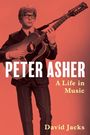 "PETER ASHER", "A Life in Music", "David Jacks". Ein Mann mit Brille spielt Gitarre, monochromes Rot.