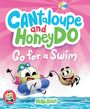 "Cantaloupe and Honey Do: Go for a Swim." Zwei fröhliche, cartoonartige Melonen schwimmen im Wasser.