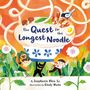 Text: „The Quest for the Longest Noodle“. Illustration mit Kindern, Katze und einer großen Nudelschüssel.