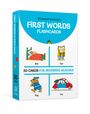 Auf der Verpackung steht: "FIRST WORDS FLASHCARDS" und "50 CARDS FOR BEGINNING READERS". Illustrationen von Gegenständen.