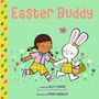 Titel: "Easter Buddy". Ein Mädchen und ein Hase halten Hände, der Hase trägt einen Korb voller Eier.