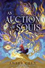 "AN AUCTION OF SOULS" steht im Mittelpunkt. Farbige, wirbelnde Muster mit Auge-Motiven und Person in rotem Gewand.
