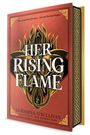 "Her Rising Flame" von Clíodhna O'Sullivan. Roter Buchumschlag mit goldenen Flammen und keltischen Mustern.