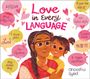 "Love in Every Language" steht neben Illustrationen von Herzformen. Eine ältere Frau hält ein glückliches Kind im Arm.