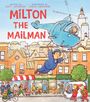 "Milton the Mailman" in roten Buchstaben, ein fröhlicher Postbote fliegt an einem Hubschrauber über eine belebte Stadtstraße.