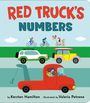 "RED TRUCK'S NUMBERS" in großen Buchstaben. Illustration: Fahrräder oben, darunter bunte Fahrzeuge, ein roter Abschleppwagen.