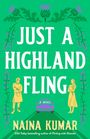 "Just a Highland Fling" von Naina Kumar. Illustration mit distelähnlichen Pflanzen, Figuren und einem Auto auf grünem Hintergrund.