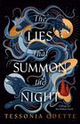 „The Lies That Summon the Night“, Tessonja Odette. Ein Drache und ein Wolf in blauen und goldenen Tönen auf schwarzem Hintergrund.
