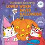 "Richard Scarry's LOWLY WORM SAVES HALLOWEEN! With Holiday Stickers." Eine Illustration mit Katzen in Kostümen und Kürbis.