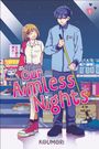 "Our Aimless Nights" vorne, ein Manga. Junge Frau lächelt Mann mit Besen an; Hintergrund mit Verkaufsregal.