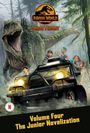 "Jurassic World: Chaos Theory" und "Volume Four: The Junior Novelization". Ein Dino jagt ein Auto voller Kinder im Dschungel.