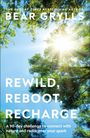 Text: "REWILD, REBOOT, RECHARGE. A 90-day challenge to connect with nature." Sonnenlicht durch Baumkronen.