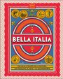 "BELLA ITALIA" in großen weißen Buchstaben in einem dekorativen, bunten Design mit italienischen Symbolen und Ornamenten.