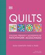 Texte: "QUILTS", "COLCHAS, PRENDAS Y ACCESORIOS DE PATCHWORK ACOLCHADO", "GUÍA COMPLETA PASO A PASO." Buntes Patchwork und DK-Logo.