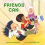 "FRIENDS CAN" zeigt eine Illustration von drei lachenden Kindern auf Schaukeln. Links sind Blumen und Strickmuster zu sehen.