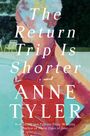 "The Return Trip Is Shorter" von Anne Tyler. Eine gemalte Frau sitzt am Pool, trägt Badekappe und Badeanzug.