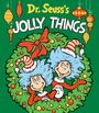 „Dr. Seuss's Jolly Things“: Zwei fröhliche Figuren mit blauem Haar und roten Hüten in einem grünen Kranz mit Kugeln.